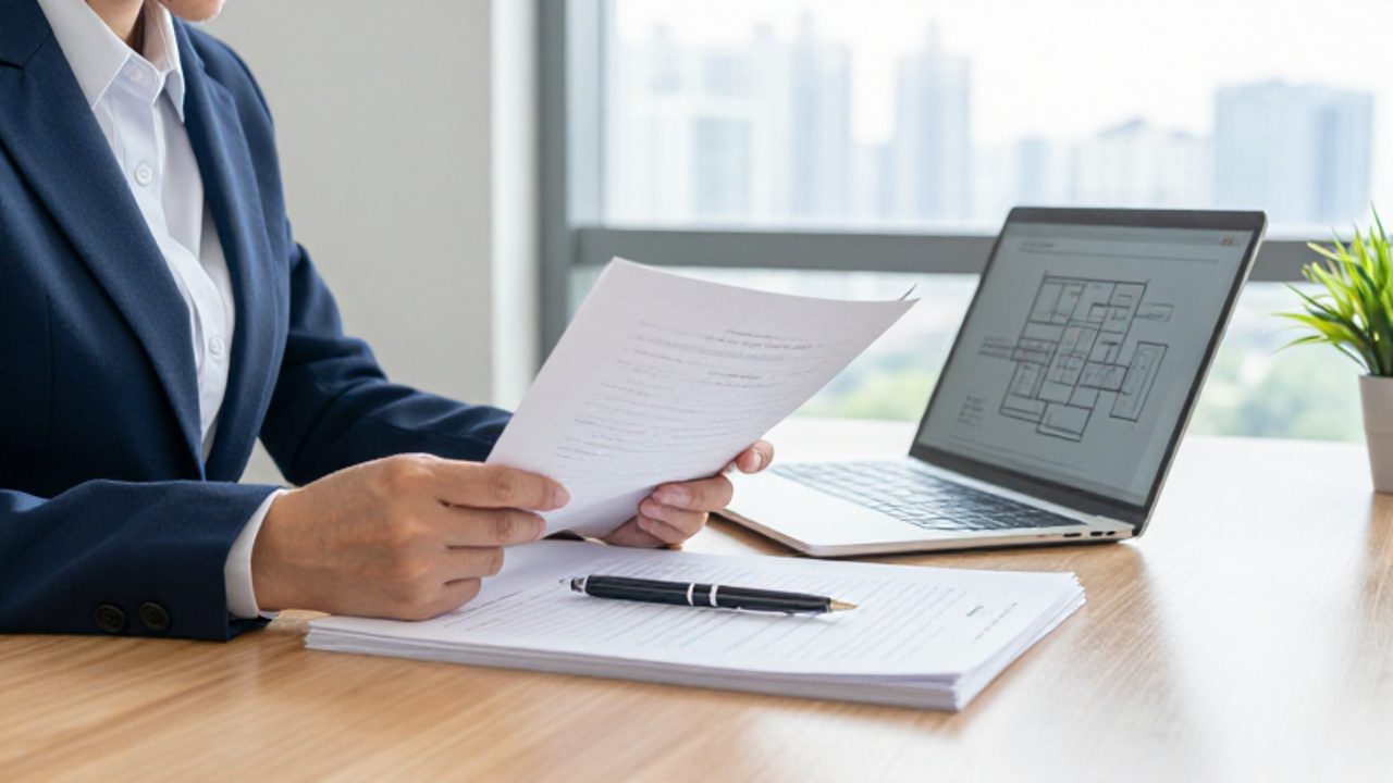 Un gestor de calidad revisa documentos técnicos y diagramas en una tablet sobre un escritorio de oficina moderno.