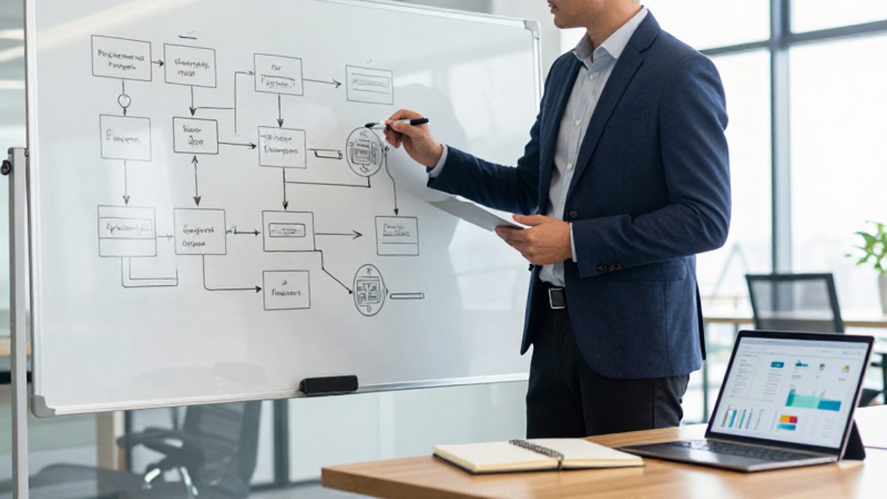 Un Project Manager planifica procesos estratégicos trazando diagramas de flujo en una pizarra blanca dentro de una oficina moderna.