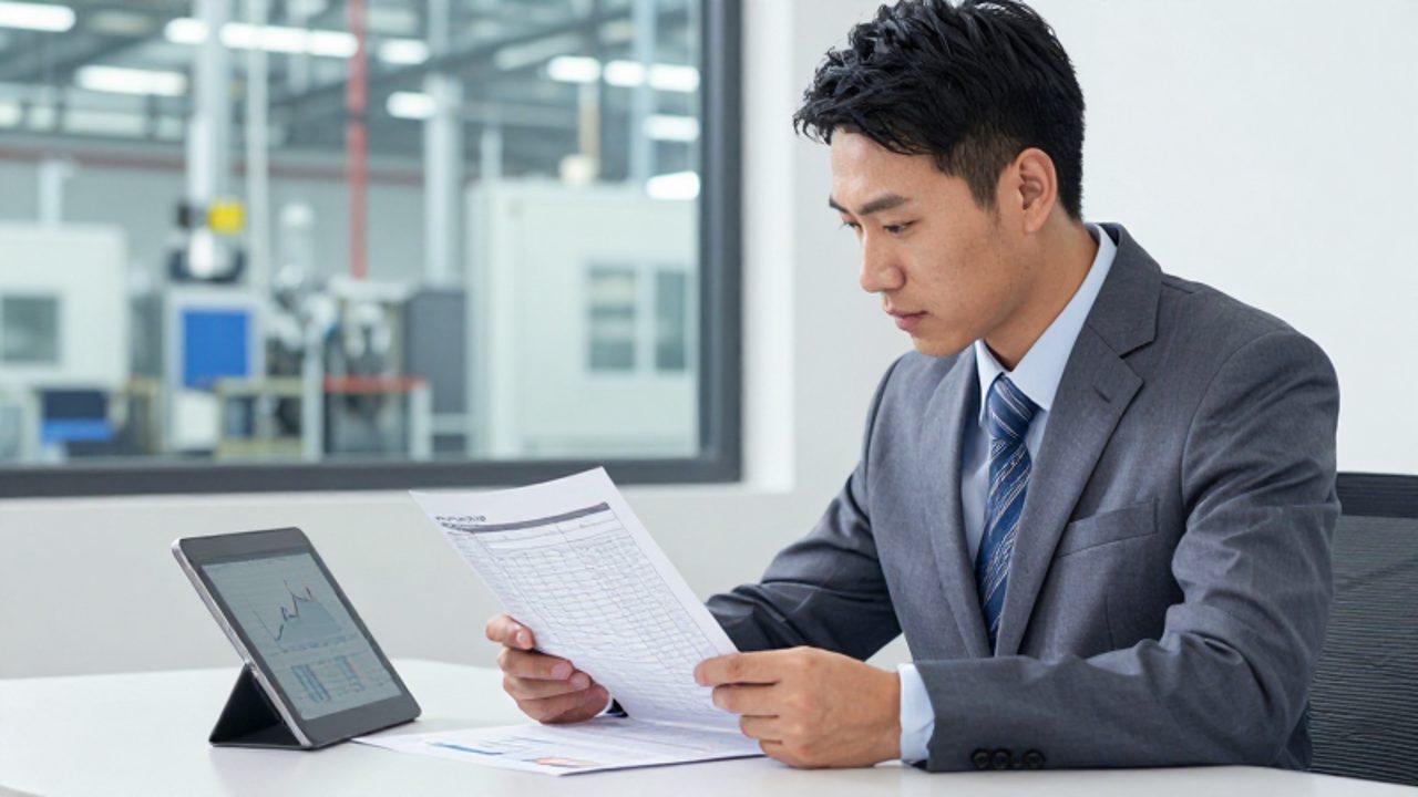 Un responsable de calidad analiza un informe técnico y una tableta con gráficos de rendimiento para verificar la eficacia de las medidas correctivas en una oficina industrial.
