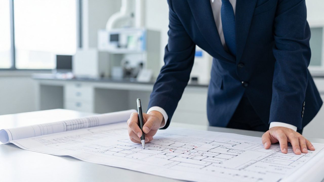 Un gestor de calidad analiza un diagrama de flujo y documentos técnicos sobre un escritorio en una oficina industrial moderna.