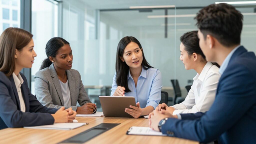 Grupo de profesionales trabajando de forma colaborativa y positiva en una reunión dentro de una oficina moderna.