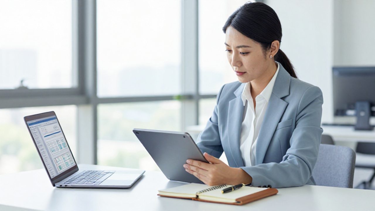 Gestora de calidad revisa flujos de trabajo y datos digitales en una tableta y un ordenador dentro de una oficina moderna y luminosa.