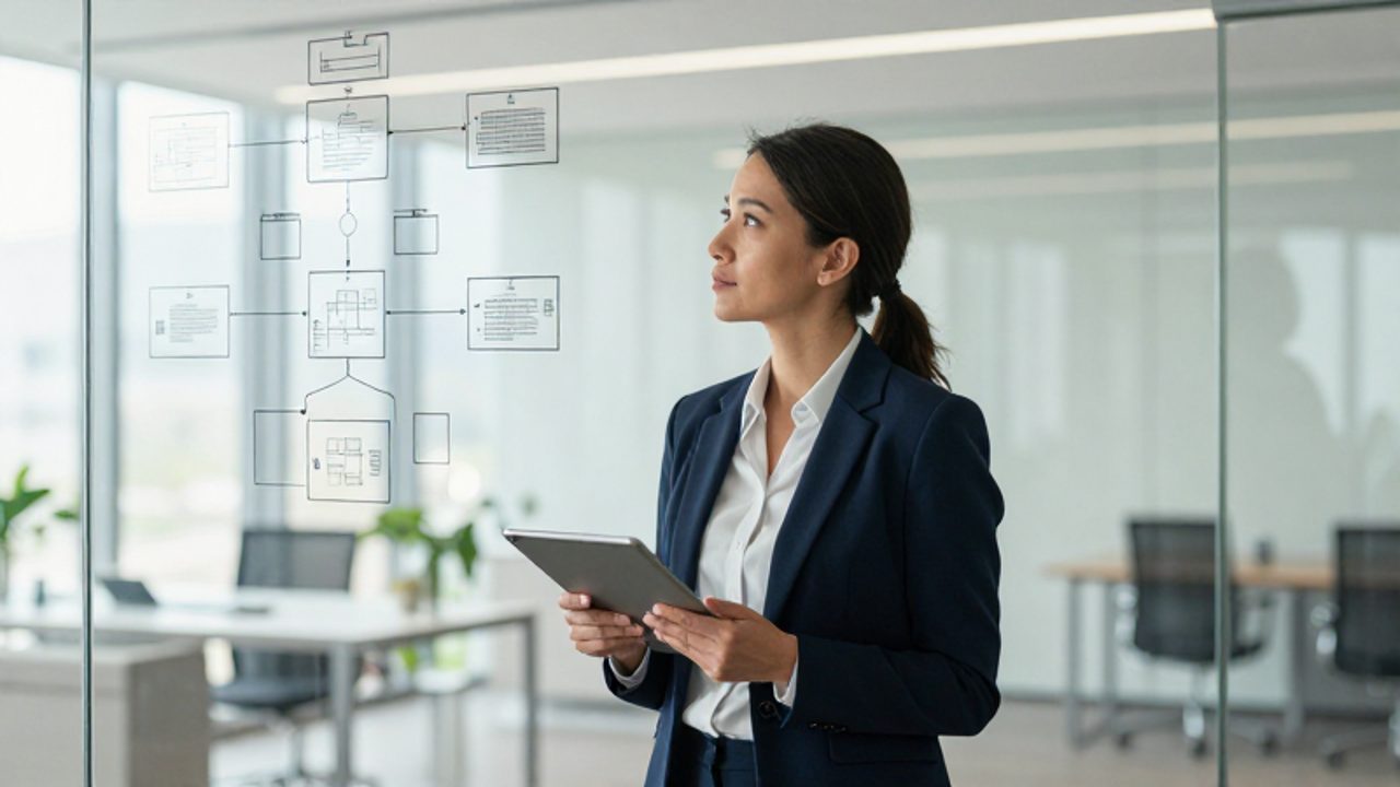 Consultora estratégica analizando diagramas y flujogramas sobre un panel de cristal en una oficina moderna.