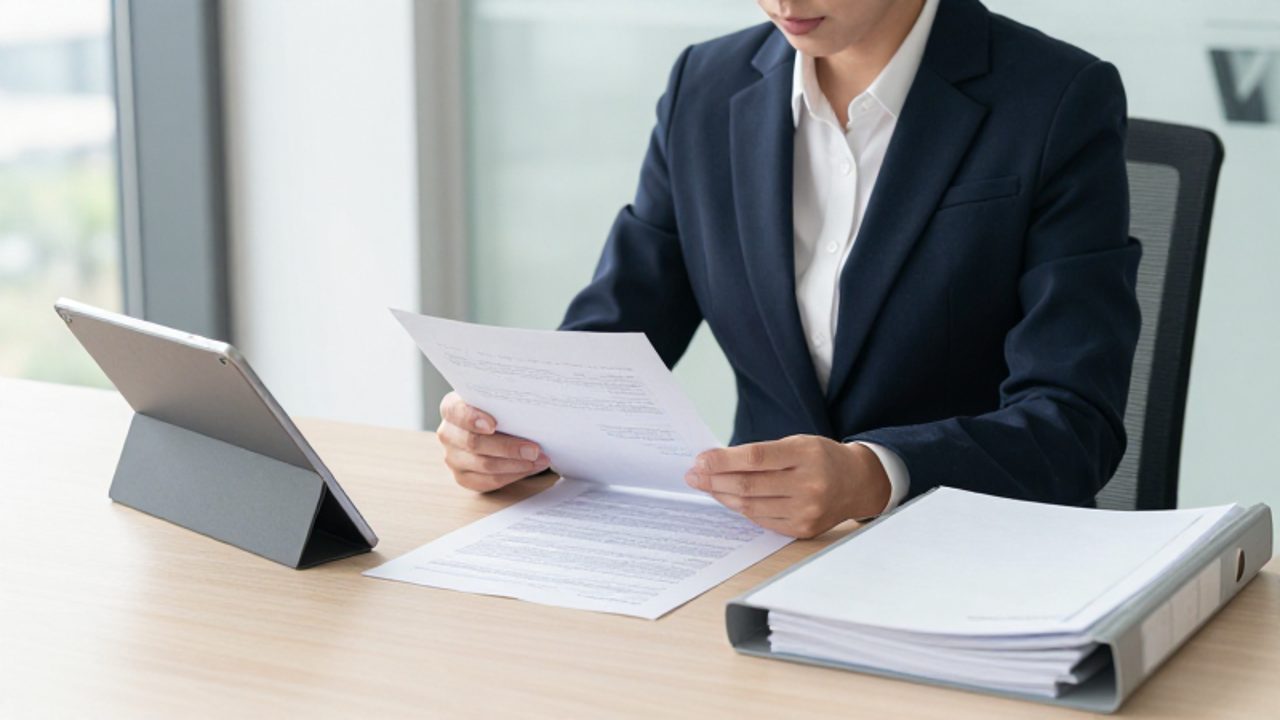 Un gestor de calidad revisa de forma organizada un conjunto reducido de documentos digitales y físicos sobre un escritorio minimalista en una oficina moderna.