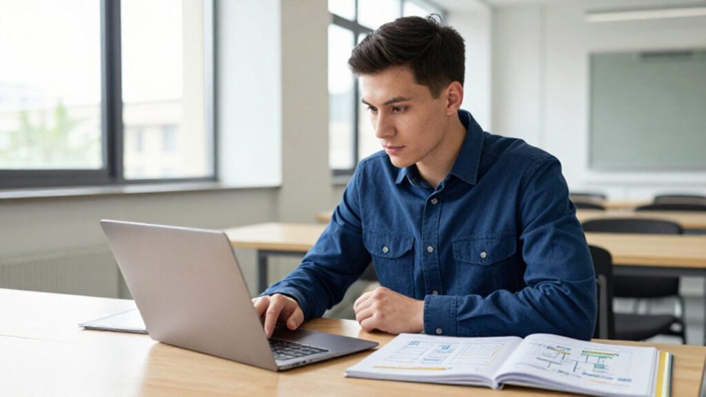 Estudiante concentrado estudiando en un escritorio con un ordenador portátil y manuales técnicos en un aula de formación profesional luminosa.