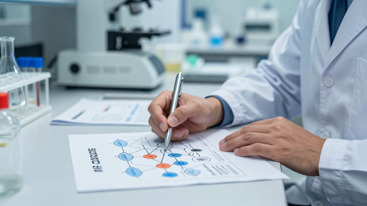 Un ingeniero de calidad analiza un diagrama de Ishikawa sobre un escritorio en un laboratorio industrial.