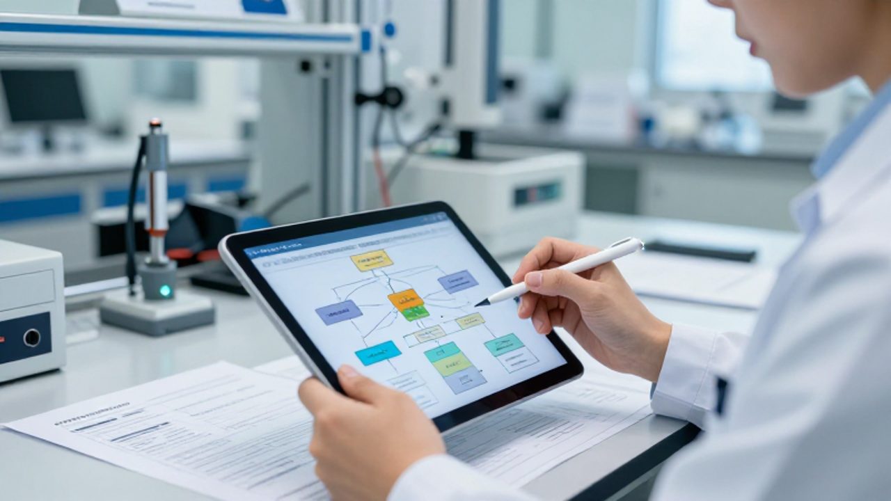 Un ingeniero de gestión de calidad revisa un plan de acción con diagramas de Ishikawa en una tableta dentro de una planta de fabricación moderna.