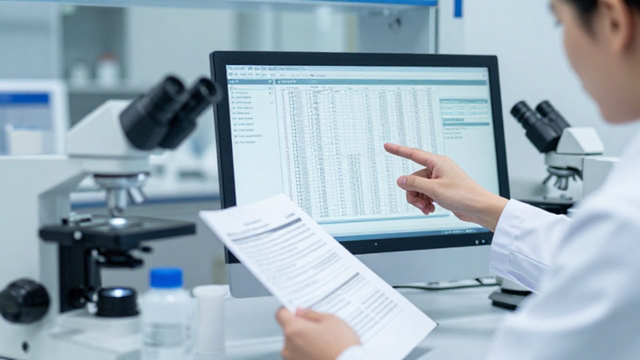 Un técnico de laboratorio analiza detenidamente unos datos en un monitor y un informe técnico en un entorno de laboratorio moderno.