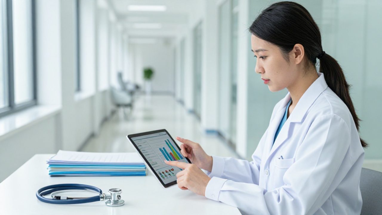 Administradora de salud analiza gráficos de indicadores de desempeño en una tableta digital dentro de una oficina médica.
