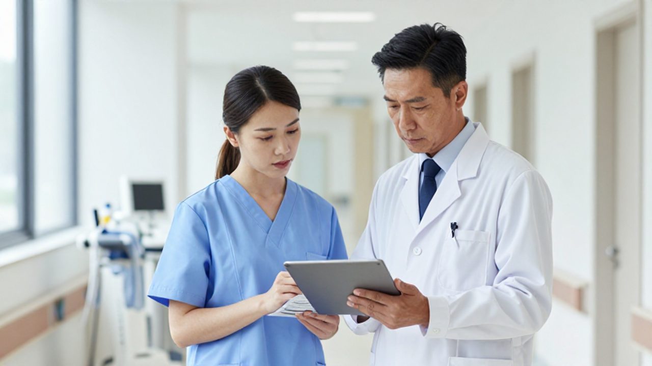 Una administradora médica y una doctora revisan juntas una tableta y una lista de verificación clínica en un pasillo de hospital moderno.
