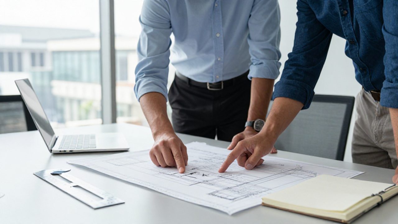 Un gestor de proyectos y un ingeniero de calidad analizan juntos las especificaciones técnicas en un plano detallado sobre una mesa de conferencias.