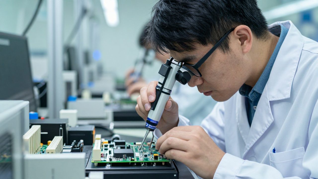 Ingeniero de control de calidad inspecciona minuciosamente una placa de circuito con una lupa en una planta de electrónica de alta tecnología.