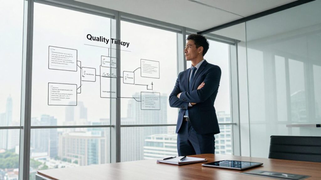 Un ejecutivo observa con atención diagramas estratégicos y flujogramas de gestión en una pared de cristal dentro de una moderna sala de juntas.
