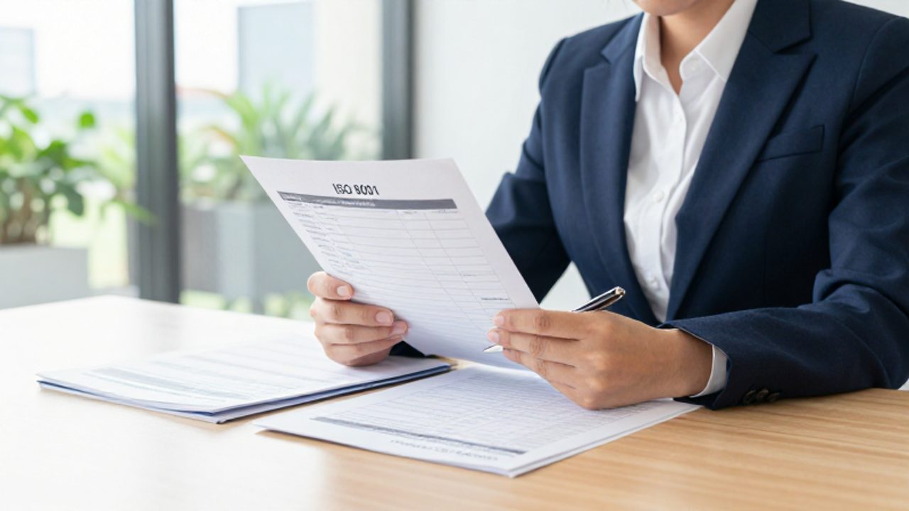 Un gestor de calidad revisa con atención una lista de verificación de cumplimiento ISO 9001 y un manual técnico sobre un escritorio en una oficina moderna.