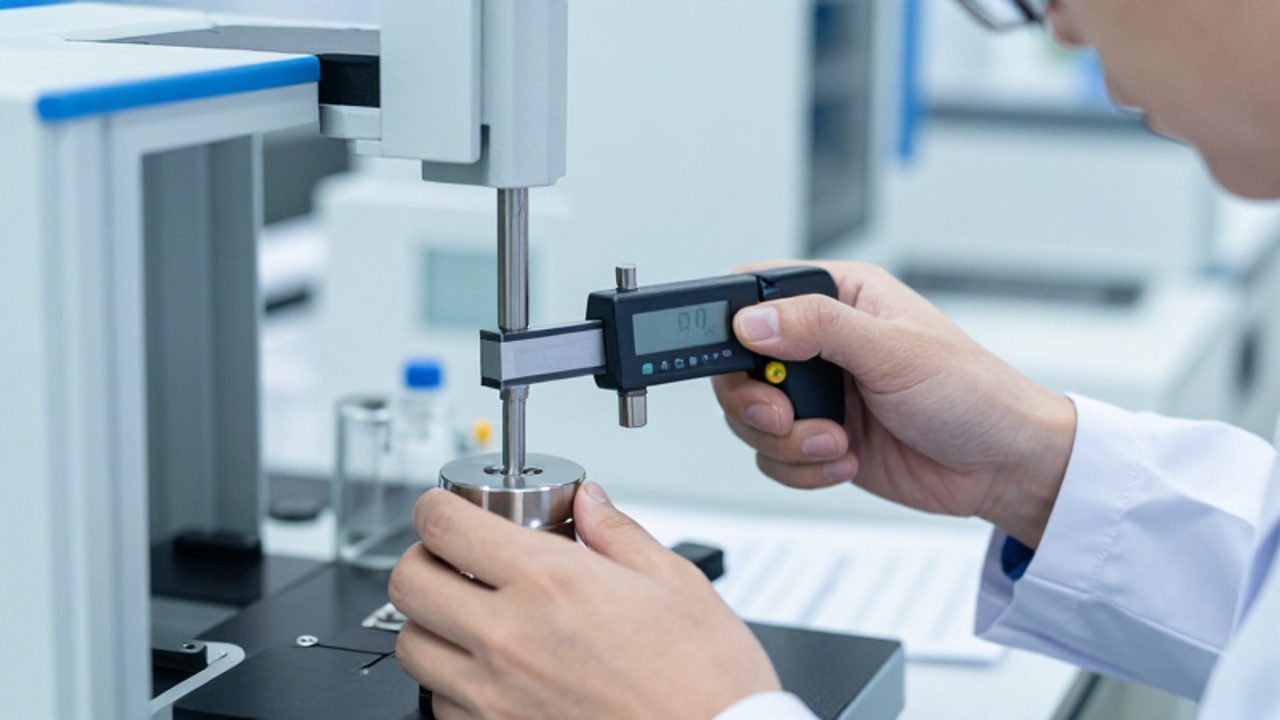 Ingeniero de control de calidad mide con un micrómetro digital una pieza metálica en un laboratorio industrial.