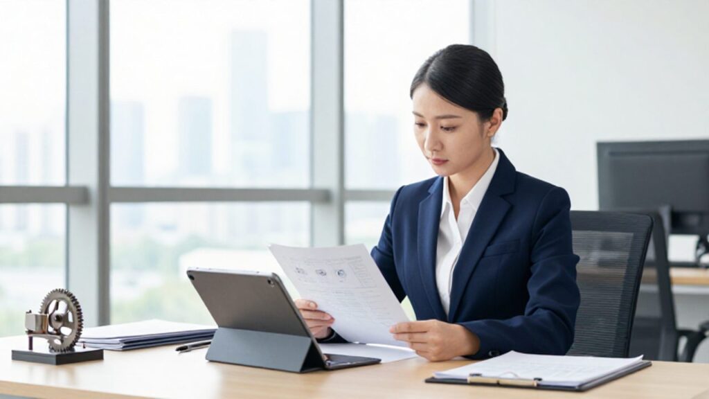 Auditora profesional revisando documentos técnicos y una tableta digital en una oficina corporativa iluminada.