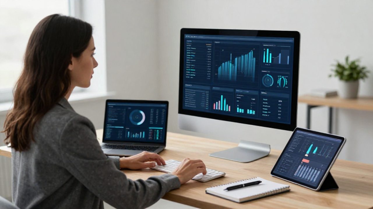 Mujer profesional analiza métricas y datos en un monitor dentro de una oficina en casa moderna y organizada.