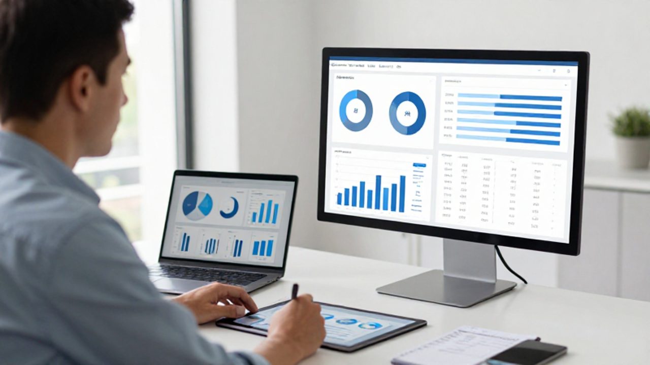 Especialista en gestión de calidad analiza métricas y gráficos de datos en un monitor y una tableta digital en un entorno de oficina moderno.