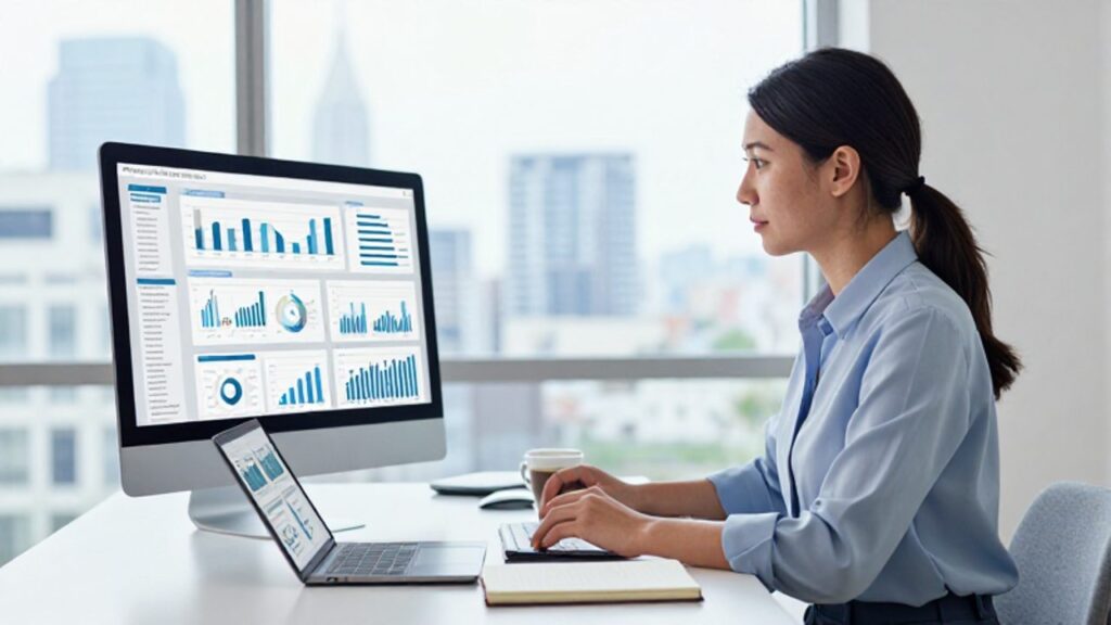 Especialista en gestión de calidad analiza datos y gráficos digitales frente a un monitor en su oficina en casa.