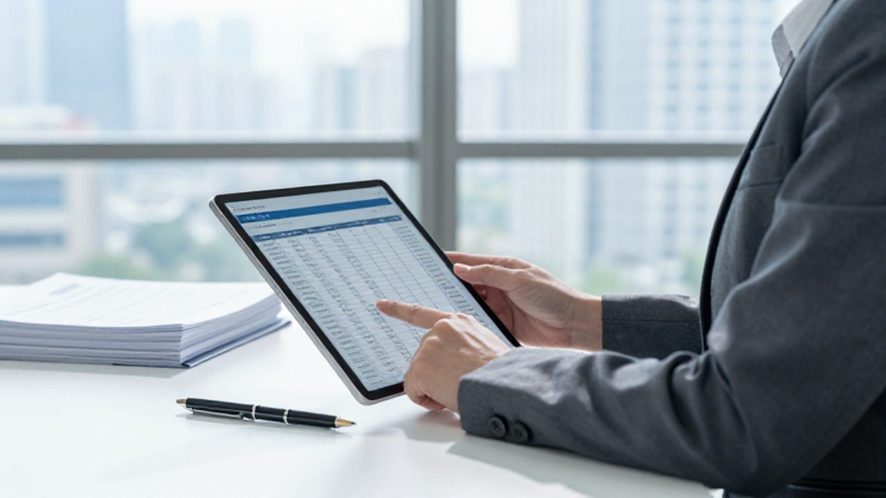 Gestor de calidad revisa gráficos de datos y listas de cumplimiento en una tableta dentro de una oficina moderna.