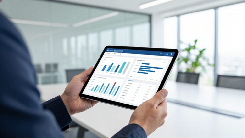 Un gestor de calidad revisa gráficos y datos de procesos en una tableta digital dentro de una oficina moderna.