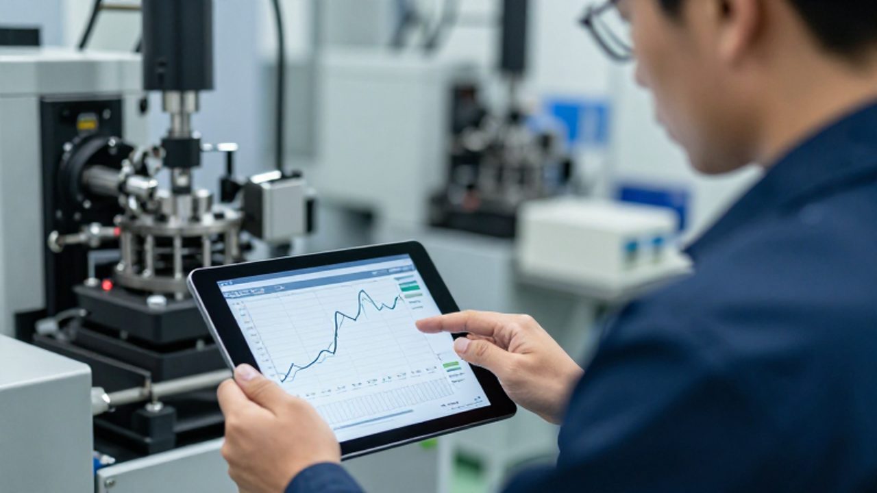 Un ingeniero de calidad supervisa una línea de producción mediante una tableta que muestra un gráfico de control estadístico en tiempo real.