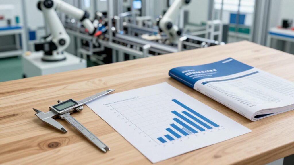 Un profesional analiza la eficiencia en un escritorio con un calibrador digital y un diagrama de Pareto frente a una planta de fabricación tecnológica.