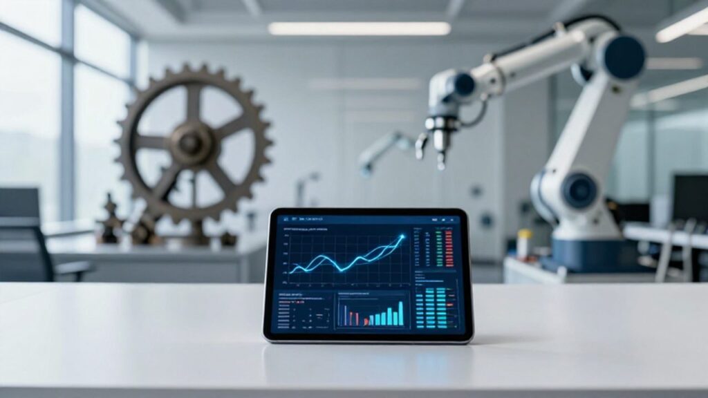 Una tableta digital muestra gráficos estadísticos de control en un escritorio moderno, con un engranaje mecánico y un brazo robótico desenfocados al fondo para representar la evolución de la gestión de calidad.