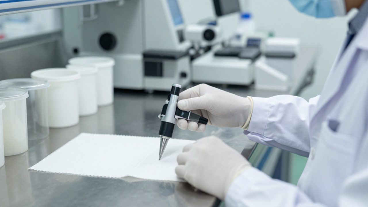 Un inspector de control de calidad mide el grosor de una muestra de tejido sintético con un micrómetro digital en un laboratorio industrial.