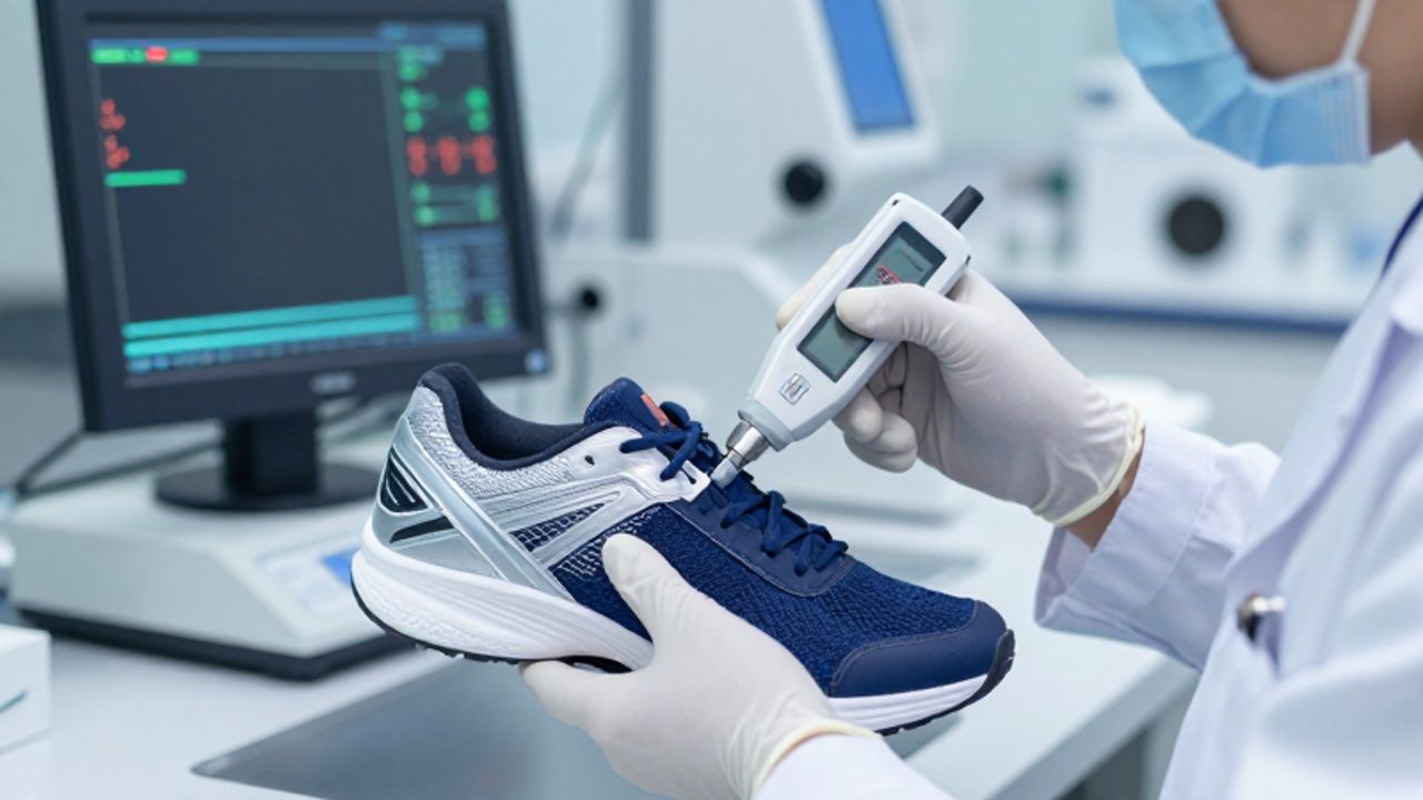 Un técnico en un laboratorio de alta tecnología utiliza un instrumento de medición digital para realizar pruebas de resistencia en una zapatilla deportiva.