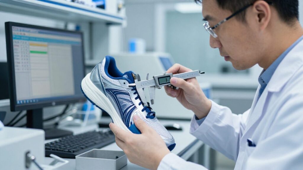Especialista en control de calidad mide con un calibrador digital el grosor de la suela de una zapatilla deportiva en un laboratorio de fabricación.