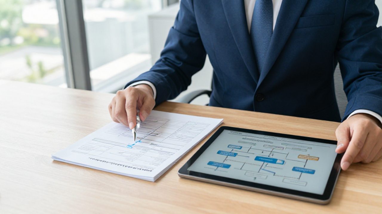 Un gestor de calidad revisa en su escritorio un documento impreso de la norma ISO junto a una tablet que muestra el diagrama de un sistema de gestión.