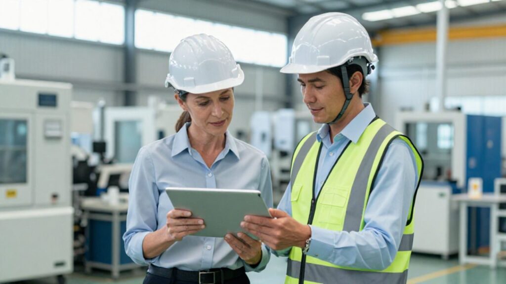 Una gerente y un especialista en seguridad revisan un diagrama de flujo en una tableta digital dentro de una planta industrial moderna.
