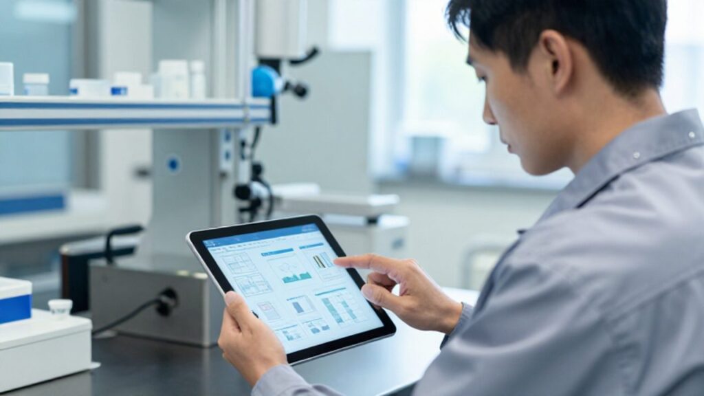 Ingeniero de control de calidad revisando gráficos y diagramas técnicos en una tableta dentro de una planta de fabricación moderna.