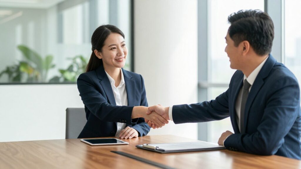 Ejecutivo y cliente estrechan sus manos con confianza sobre una mesa de conferencias en una oficina moderna, simbolizando una relación de confianza y éxito empresarial.