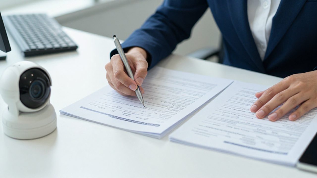Manos de un gestor de calidad revisando documentación técnica y registros de mantenimiento junto a una cámara de seguridad profesional sobre un escritorio de oficina.