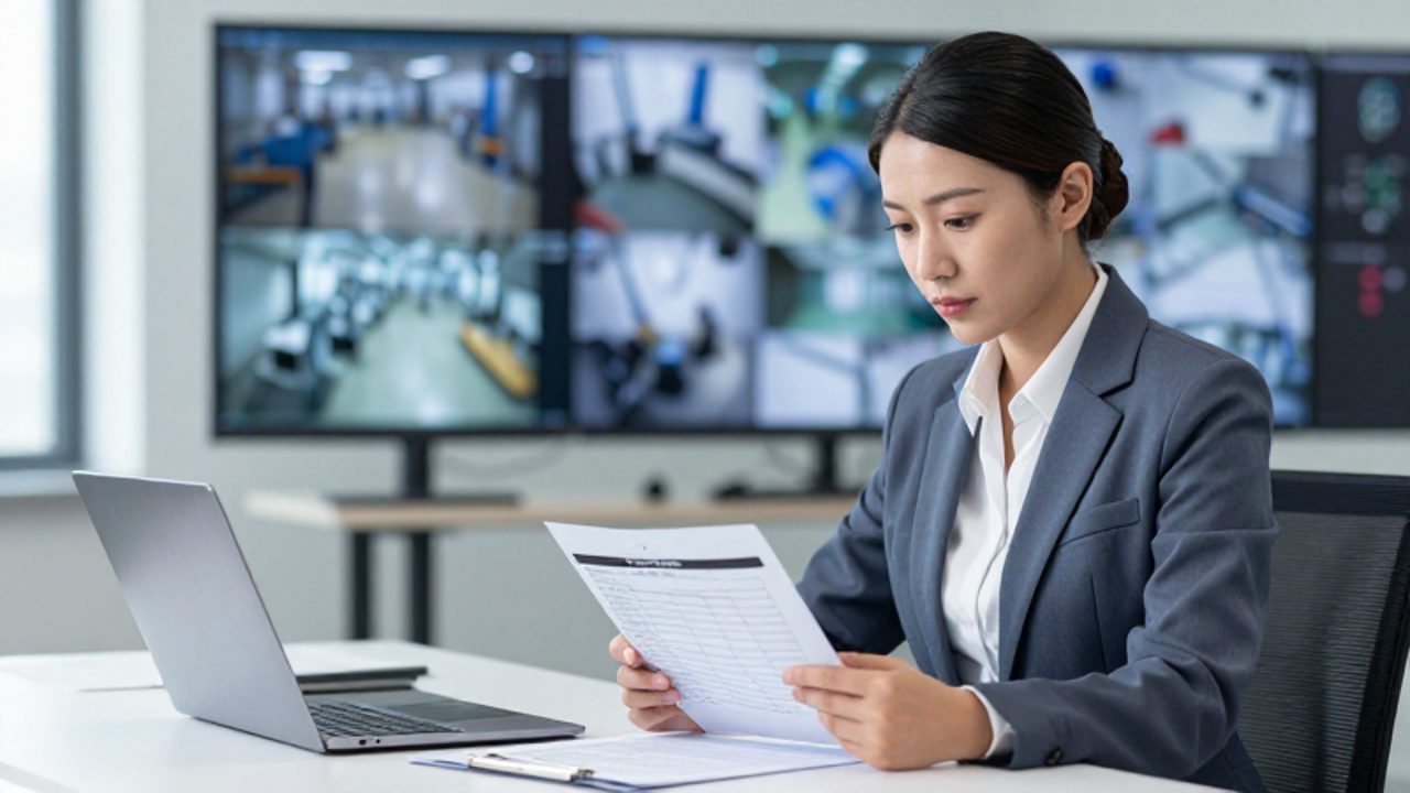 Auditora de calidad revisando documentación técnica y una tableta en un escritorio, con un centro de monitoreo de cámaras de seguridad al fondo.