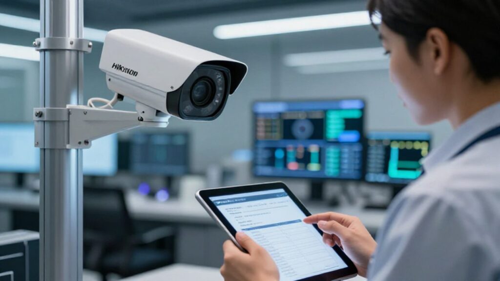 Un especialista técnico inspecciona una cámara de vigilancia Hikvision con una tablet en un centro de monitoreo moderno.