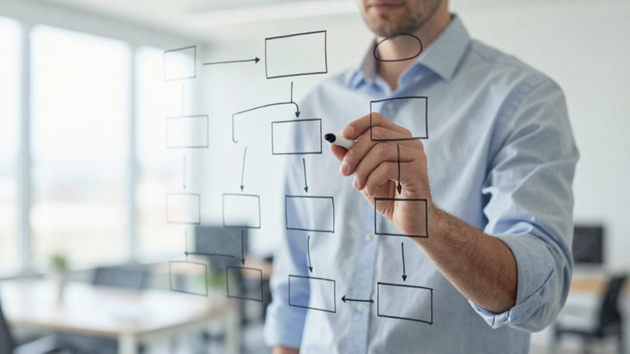 Un analista dibuja un diagrama de flujo organizacional sobre una pizarra de cristal en una oficina moderna.