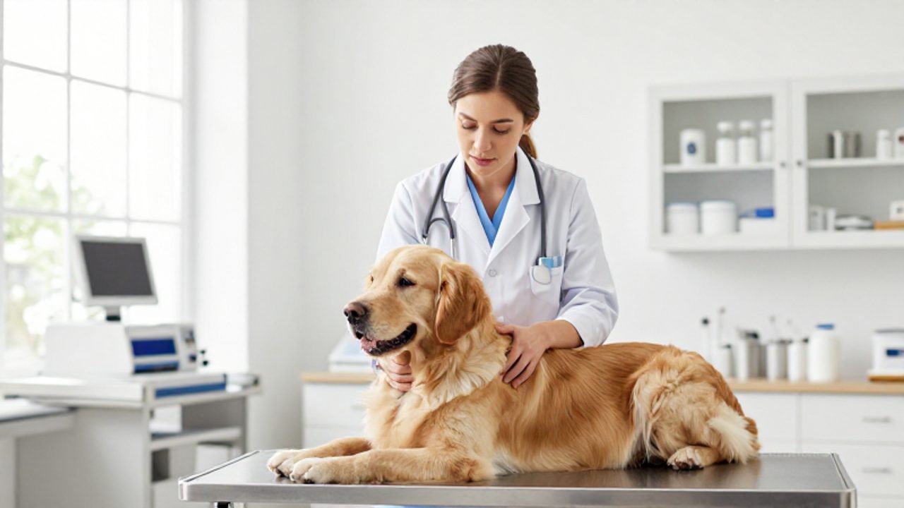 Veterinaria realiza un chequeo profesional a un perro golden retriever en una clínica moderna y organizada.