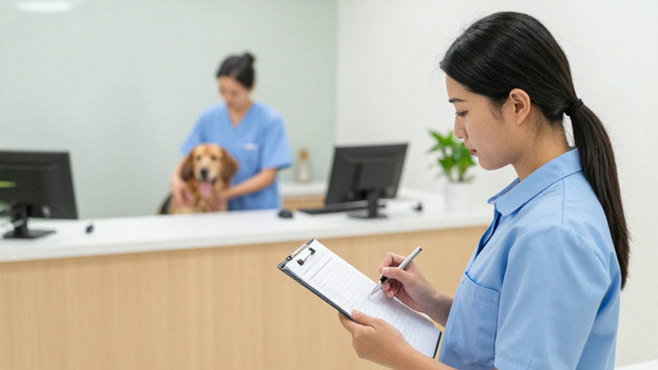 Un auditor revisa procesos operativos en una tableta dentro de una clínica veterinaria moderna y organizada.