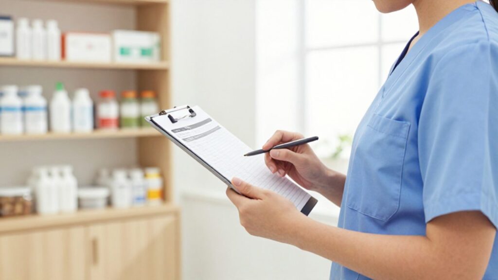 Un profesional de clínica veterinaria revisa listas de control de calidad en una tablet y una carpeta dentro de un entorno clínico moderno y organizado.