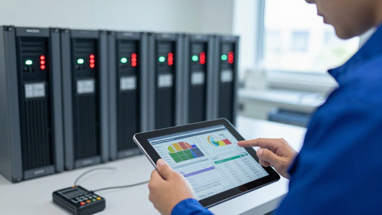 Un técnico analiza gráficos de rendimiento en una tableta digital frente a una fila de sistemas UPS en una instalación técnica moderna.