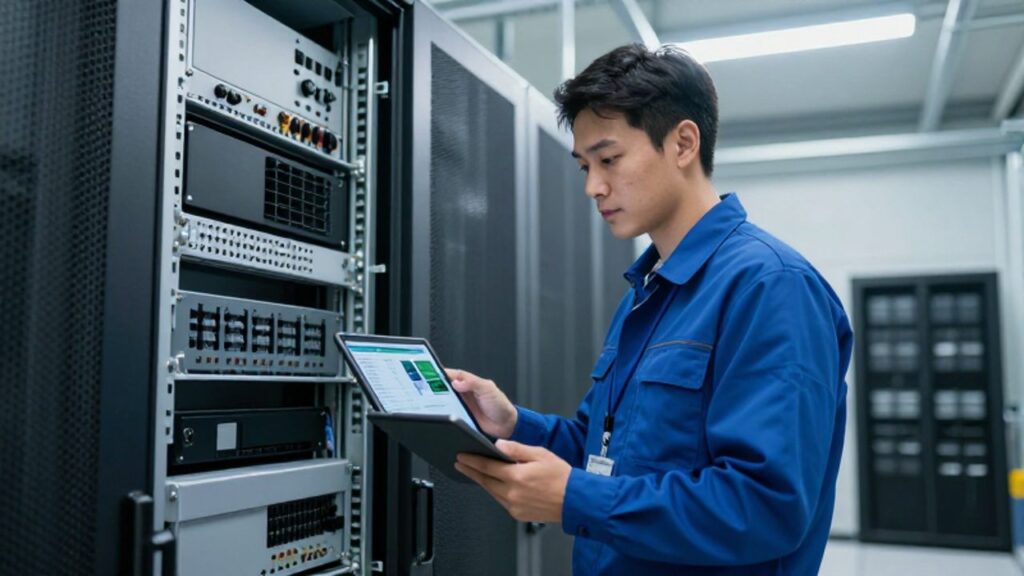 Ingeniero eléctrico inspecciona un sistema de alimentación ininterrumpida (UPS) mediante una tableta digital en una sala de servidores moderna.