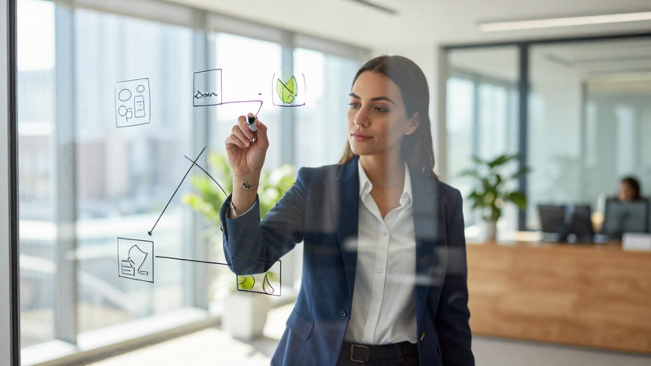 Una gestora de calidad planifica estratégicamente en una pizarra de cristal, conectando un nodo de mitigación de riesgos con uno de oportunidades de crecimiento en una oficina moderna.