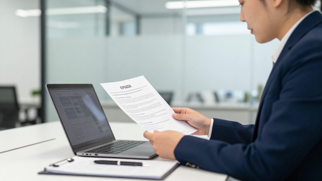 Gestor de calidad revisando un documento de certificación en un ordenador portátil dentro de una oficina moderna.