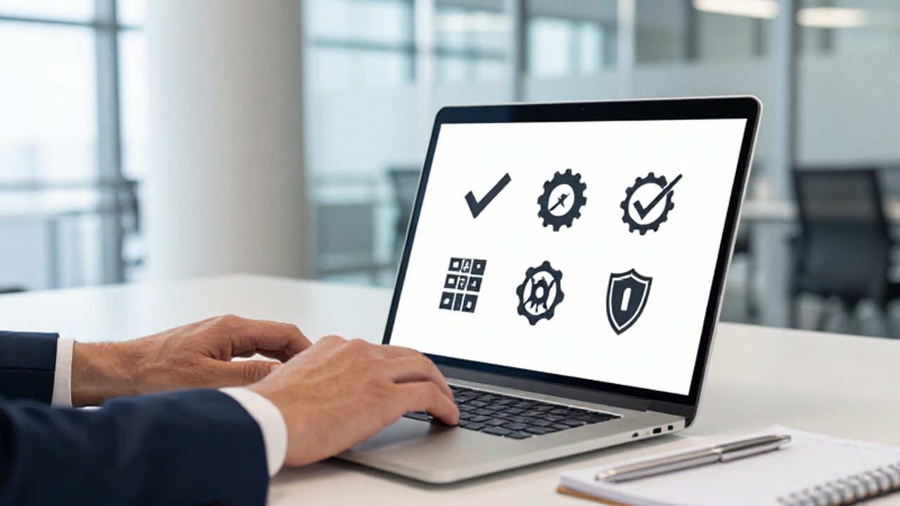 Persona trabajando en un portátil en una oficina moderna, donde la pantalla muestra diversos iconos minimalistas de gestión de calidad como marcas de verificación y engranajes.