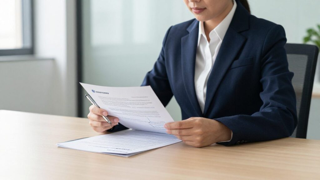 Un gestor de calidad revisa con atención documentos de certificación y un manual de identidad corporativa en un escritorio de oficina.