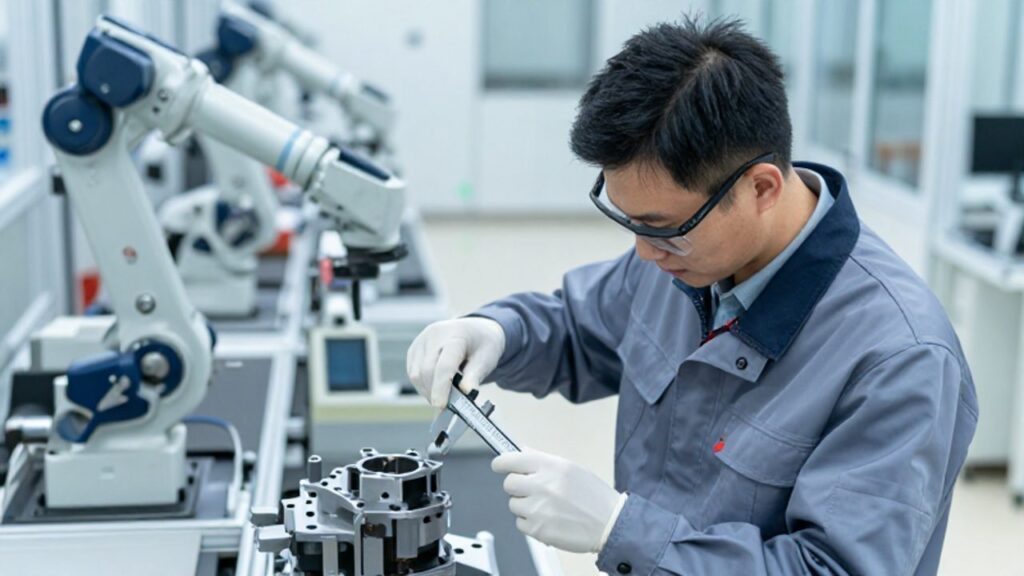 Un ingeniero en una planta de producción moderna inspecciona con un calibre digital una pieza mecánica sobre una línea de montaje organizada.