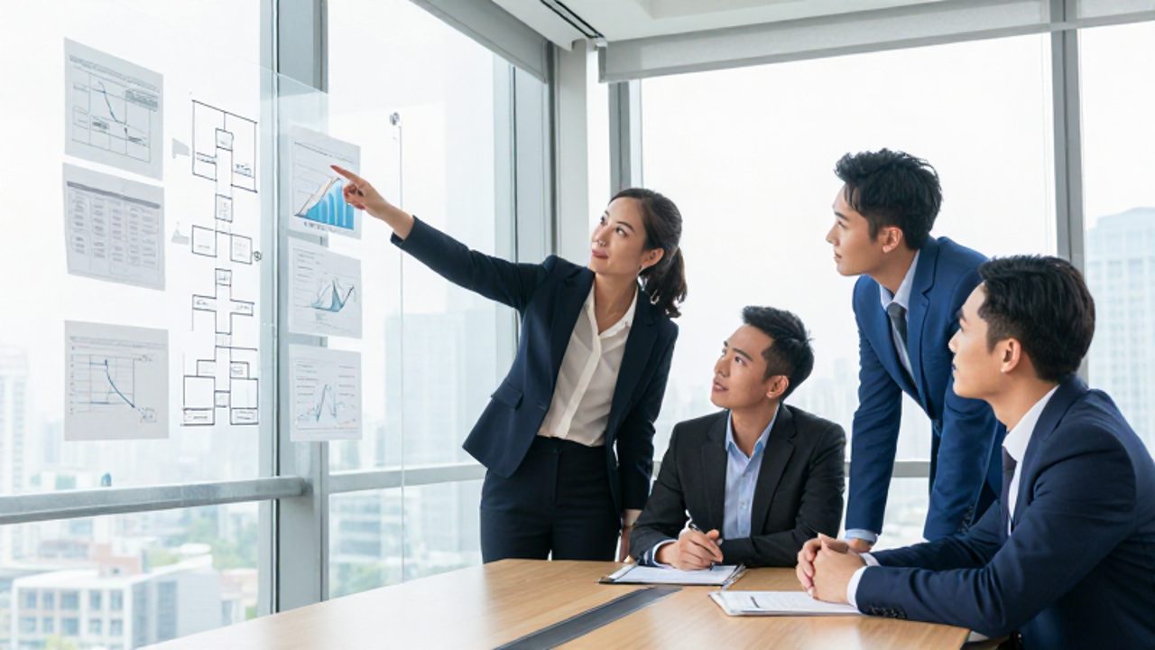 Equipo de profesionales colaborando en una oficina moderna frente a un panel con diagramas de procesos y flujogramas organizados.